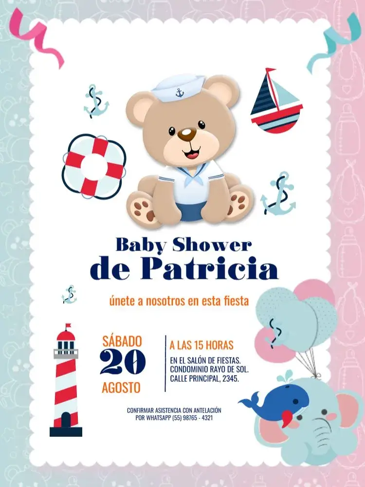 Invitación Oso Marinero Baby Shower Rayas Ancla editable y personalizable