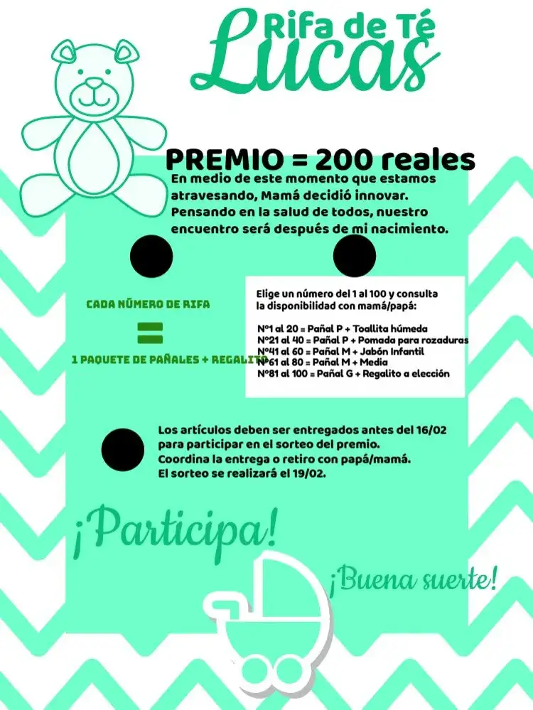 Invitación Té de Rifa Osito Bebé – tema Té Rifa ositos, colores suaves, estilo lúdico, elementos gráficos de bebé, verde y blanco, toque moderno