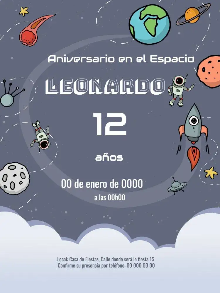 Invitación Espacio Nave – tema Cumpleaños espacio, astronómico, colorido, divertido, moderno, temático