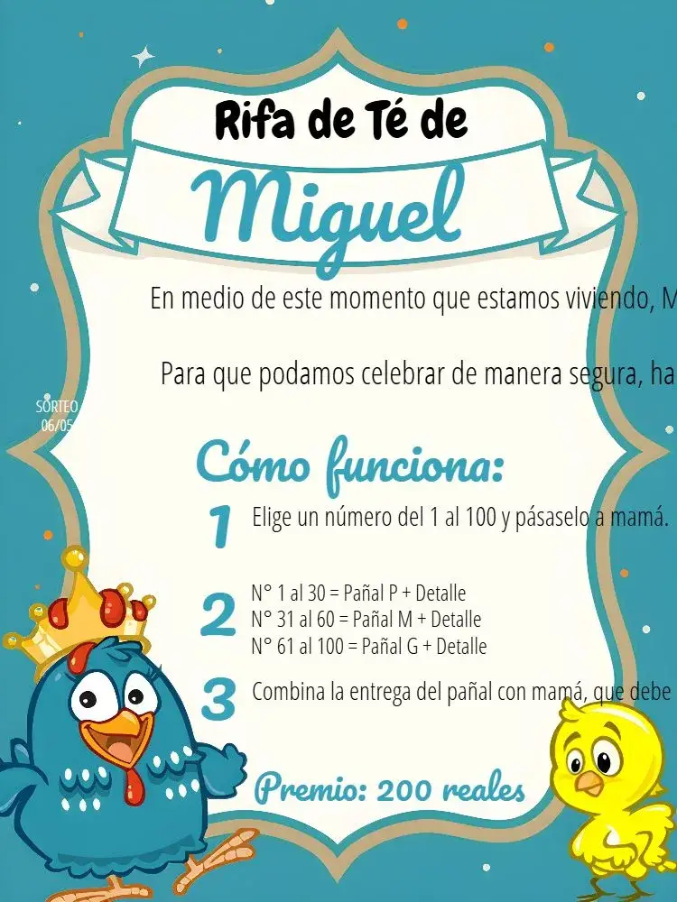 Invitación Té Rifa Gallina Pintadita Azul