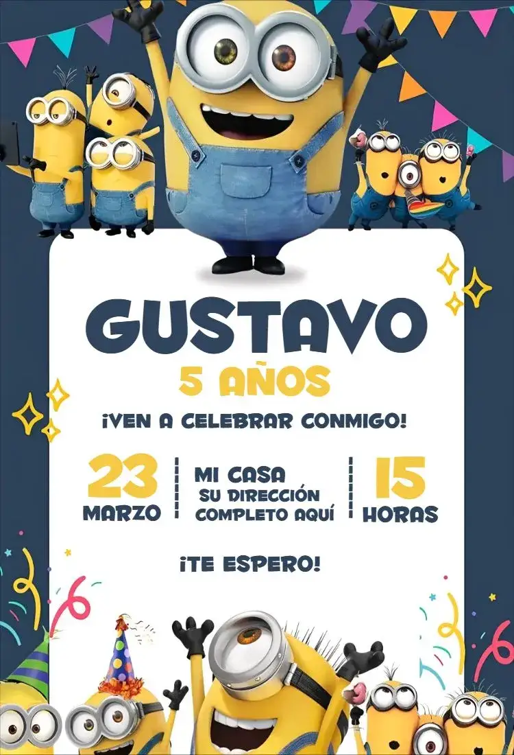 Invitación Minions 2 – tema Cumpleaños colorido, divertido, temático, animación, infantil