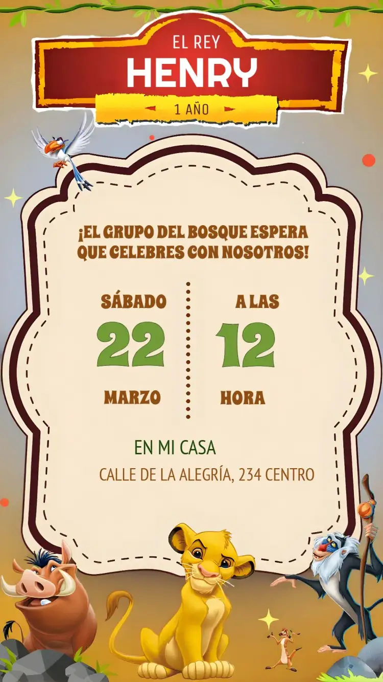 Invitación El Rey León Colorido – tema Cumpleaños Infantil colorido, animales de la sabana, estilo Disney, vibrante, divertido