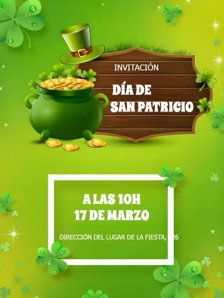 Invitación Día De San Patricio Celebración – tema Fechas Conmemorativas verde vibrante, elementos irlandeses, estilo festivo, diseño moderno, gráficos divertidos, toques tradicionales