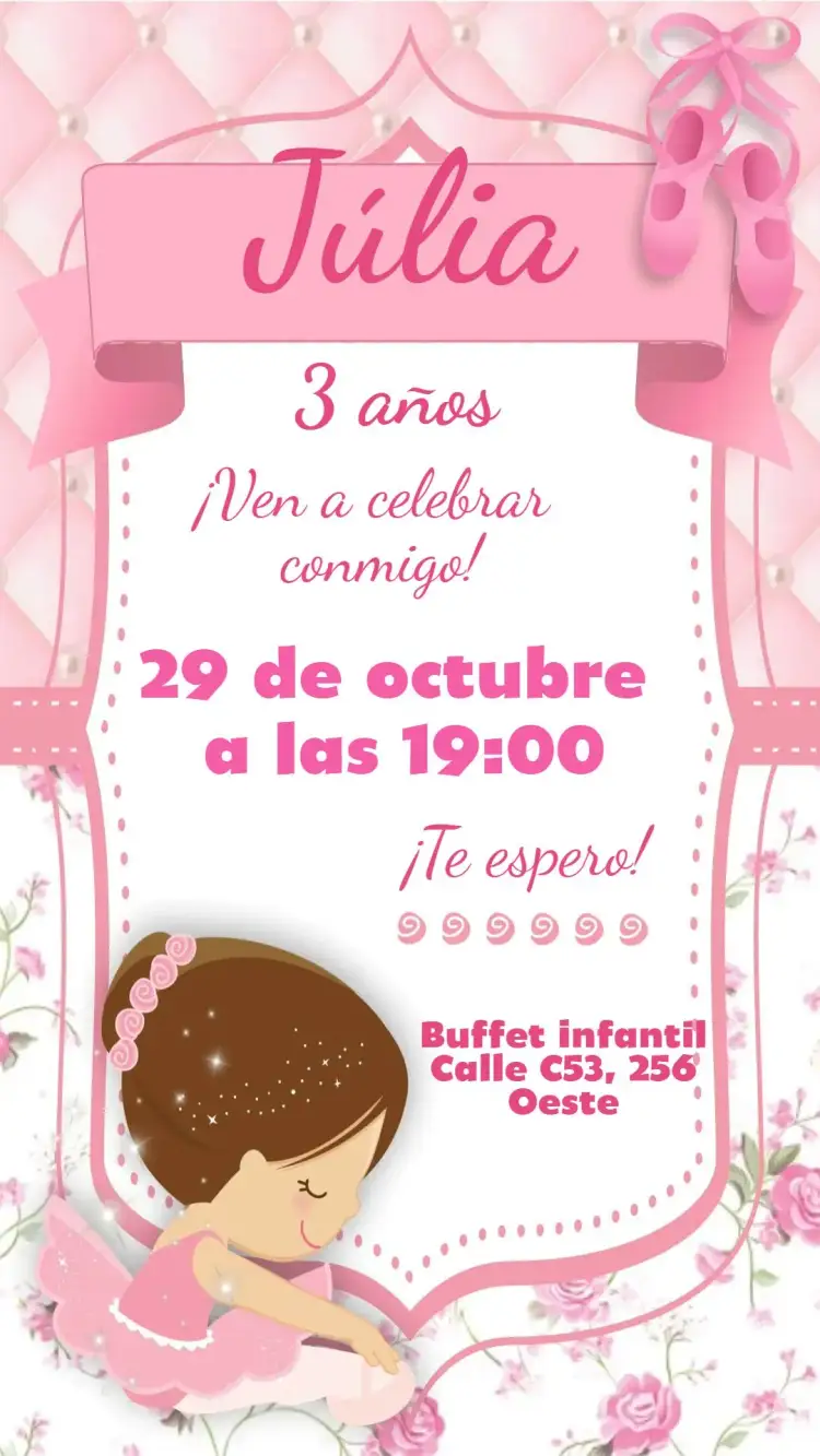 Invitación Bailarina – tema Cumpleaños Infantil colores pasteles, estilo lúdico, elementos de danza, diseño delicado, inspirado en ballet, detalles florales