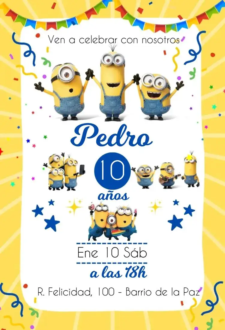 Invitación Fiesta de los Minions – tema Más buscados colorido, divertido, cartoon, infantil, moderno, temático