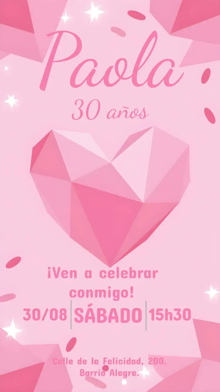 Invitación Corazón Adulto – tema Cumpleaños floral, rosa, elegante, minimalista, moderno