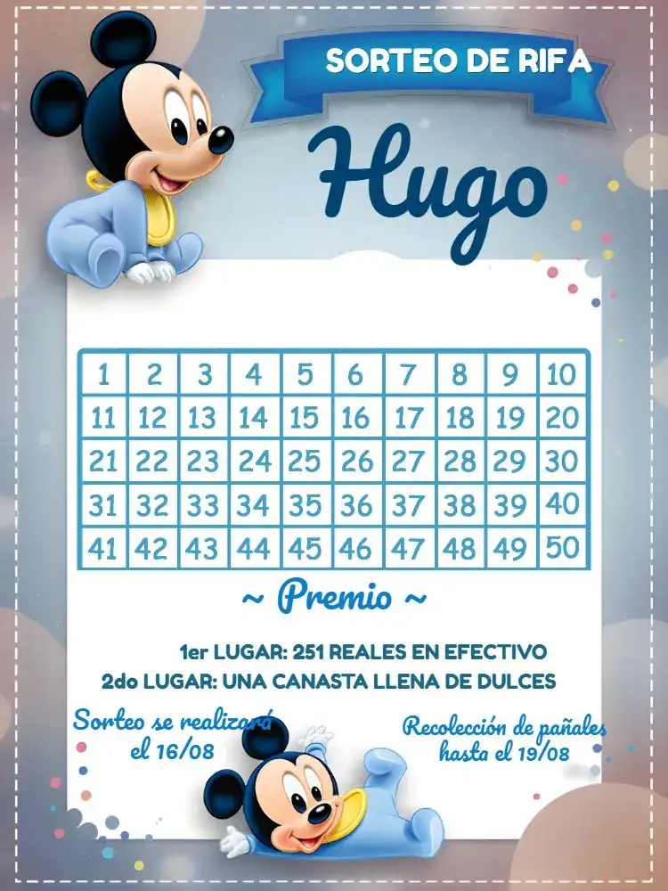 Invitación Té Rifa Mickey Mouse Baby Cha – tema Té Rifa temático, colorido, infantil, divertido, animado