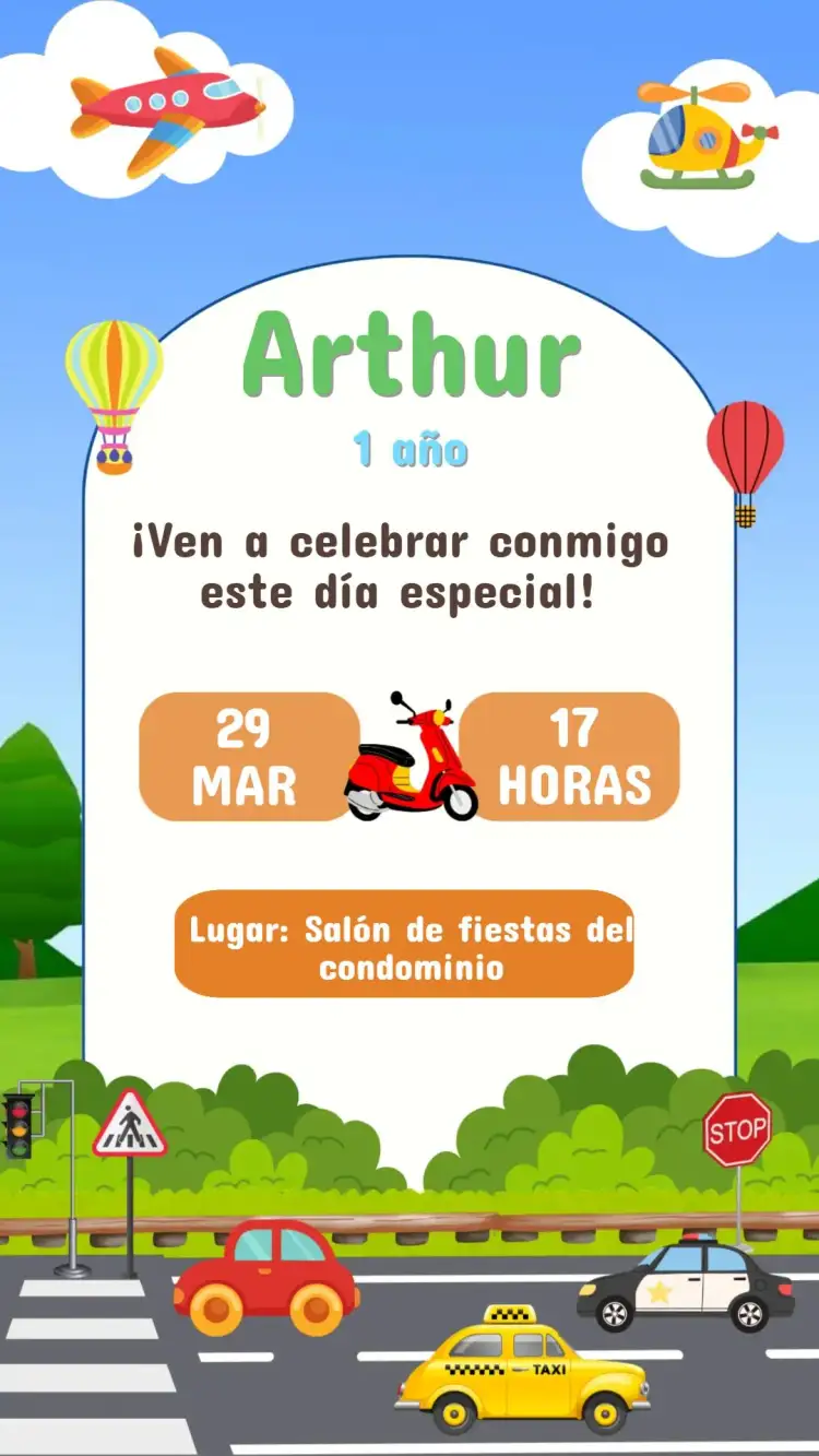 Invitación Invitación Cumpleaños Medios de Transporte – tema Cumpleaños Infantil colorido, divertido, moderno, infantil, aeroespacial, automotivo