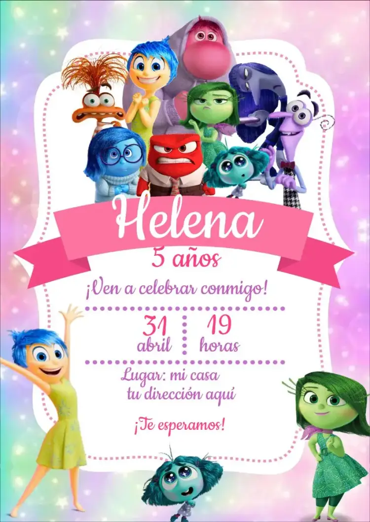 Invitación Divertida Mente 2 Alegría – tema Más buscados diversión, colores vibrantes, estilo lúdico, elementos gráficos de la película, tema rosa y pink, alegría y amistad