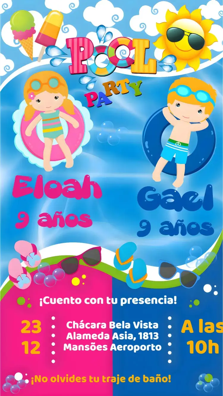 Invitación Pool Party Boy and Girl