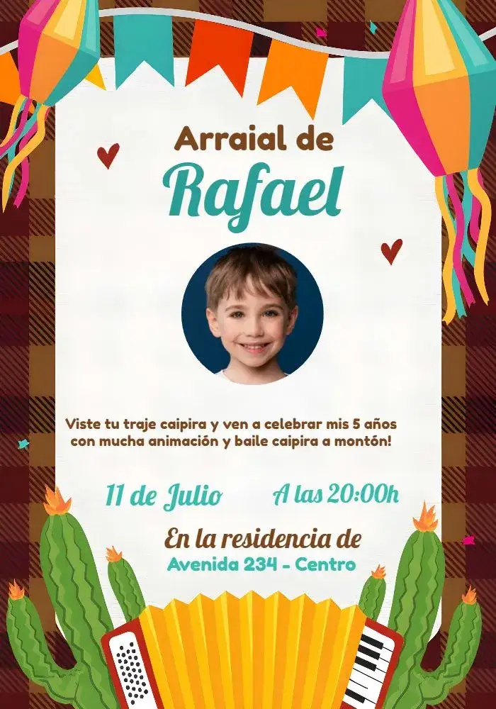 Invitación Fiesta Junina Con Foto San – tema Fechas Conmemorativas vibrante, colorido, temático, festivo, rústico