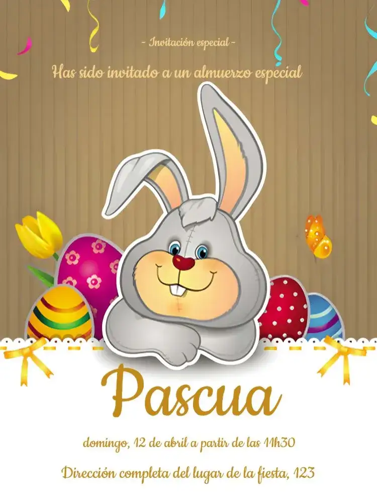 Invitación Pascua Blanca – tema Fechas Conmemorativas blanco y marrón, minimalista, divertido, tropical, con elementos gráficos, limpio