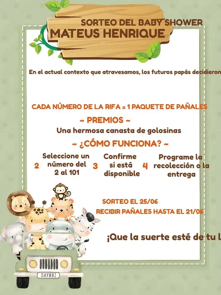 Invitación Baby Shower Safari Raffle Boy – tema Té Rifa safari, animales, verde claro, marrón, blanco, divertido