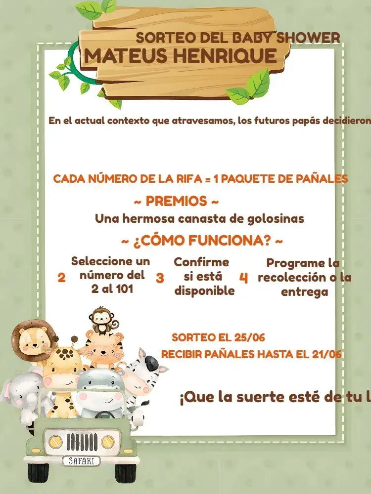 Invitación Baby Shower Safari Raffle Boy editable y personalizable