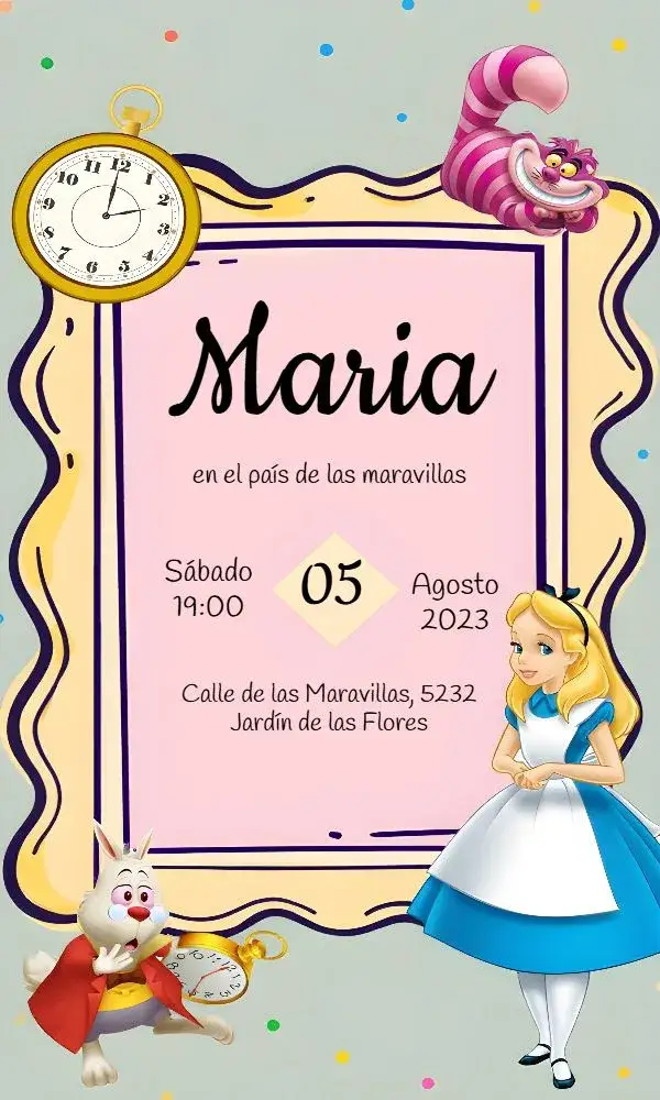 Invitación Alicia En El País De Las Maravillas – tema Fechas Conmemorativas colorido, fantasía, ilustraciones lúdicas, estilo vintage, mágico, vibrante