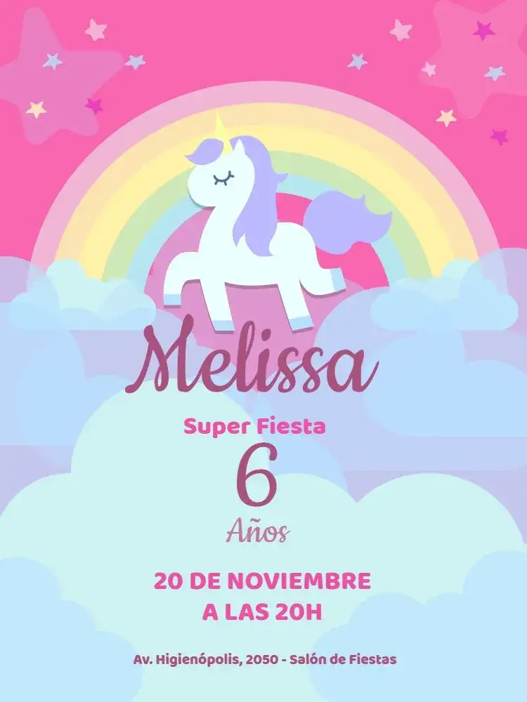 Invitación Unicornio Niña Arco Iris – tema Cumpleaños rosa, mágico, fantasía, colorido, lúdico