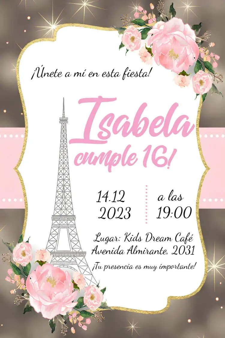 Invitación 15 Años Floral París – tema 15 años floral, romántico, dorado, elegante, moderno, parisino