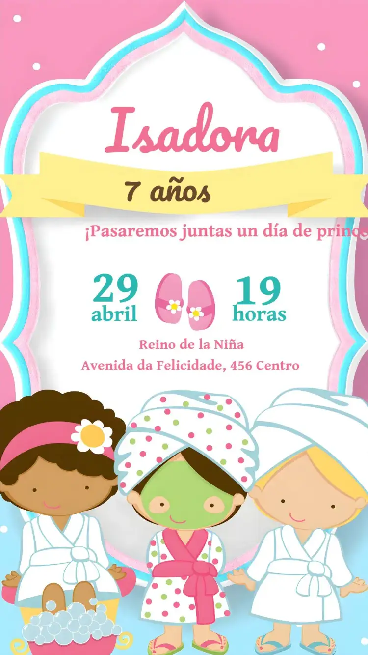 Invitación Spa Infantil – tema Más buscados colorido, divertido, estilo spa, temática infantil, brilhante, alegre
