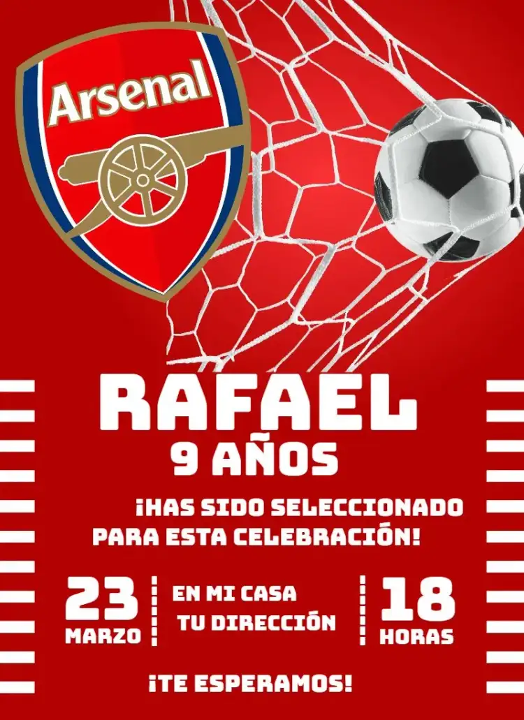 Invitación Arsenal 4 – tema Cumpleaños fútbol, deportes
