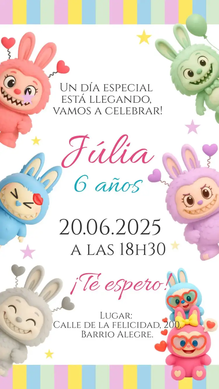 Invitación Cumpleaños Labubu – tema Más buscados rosa, lúdico, divertido, infantil, colorido