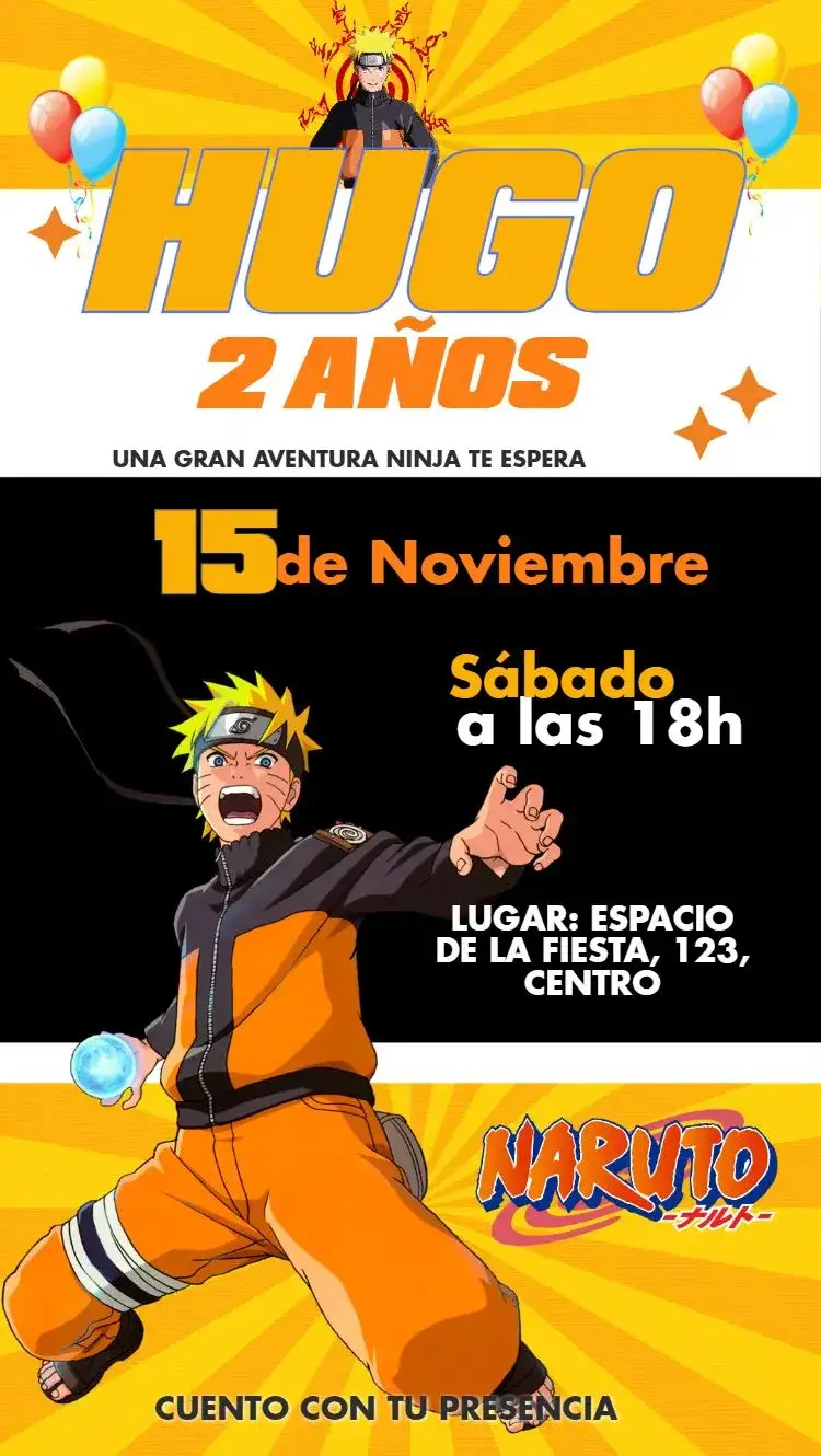 Invitación Naruto – tema Cumpleaños Infantil animado, colorido, moderno, divertido, juvenil, temático
