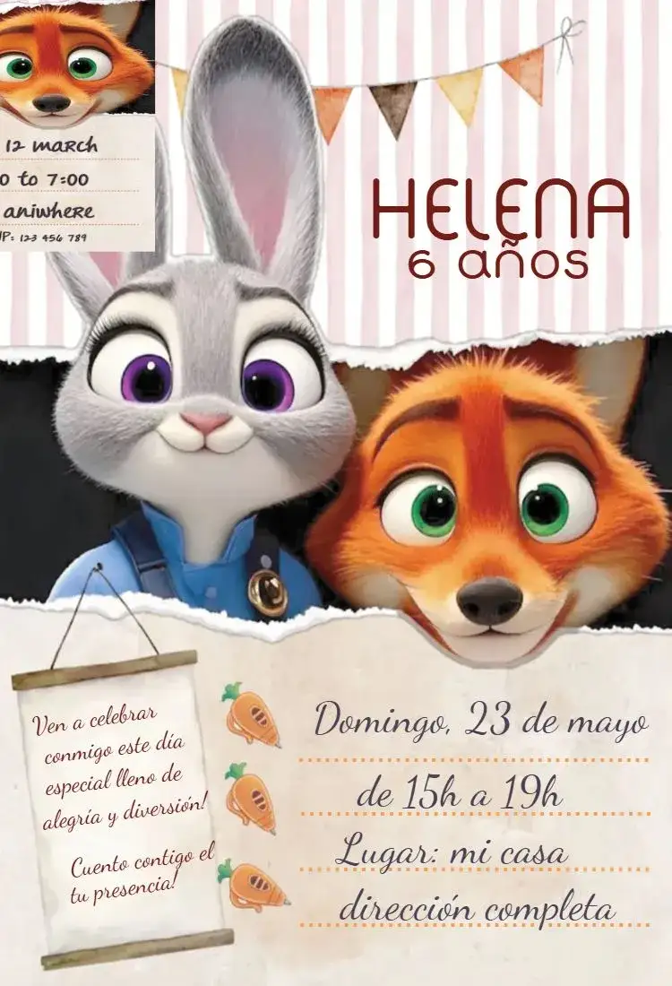 Invitación Zootopia 2 – tema Cumpleaños colorido, divertido, animales, aventura, infantil, ilustraciones