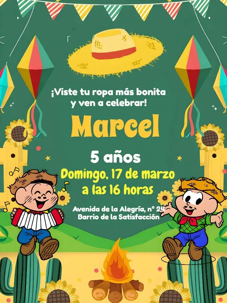 Invitación Turma Da Mónica San Juan Cuadrilla – tema Fechas Conmemorativas colorido, divertido, temático, festivo, junino, infantil