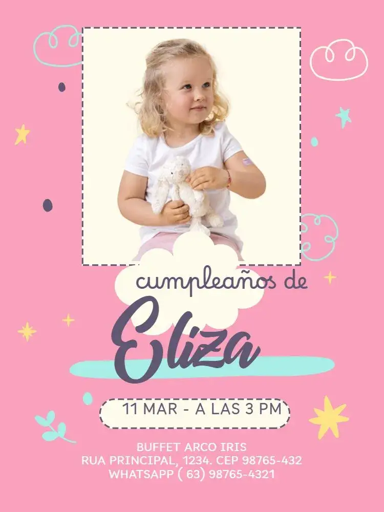 Invitación Infantil Con Foto Niña Rosa Encuentro editable y personalizable
