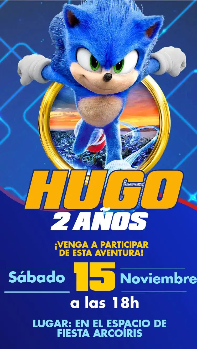 Invitación Sonic – tema Cumpleaños Infantil azul, amarillo, moderno, divertido, juegos, colorido