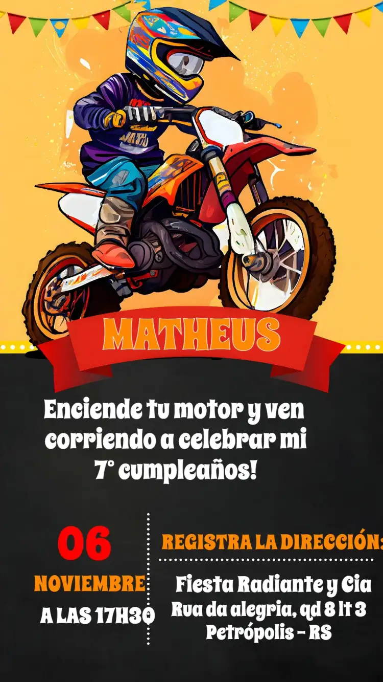 Invitación Motocross Moto – tema Más buscados rojo vibrante, estilo deportivo, motocross, diseño dinámico, gráficos de motos, elementos de velocidad