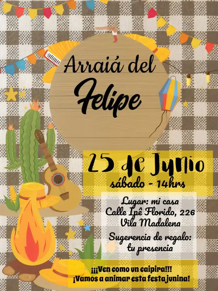 Invitación Arraiá Fiesta Junina Julina – tema Fechas Conmemorativas colorido, caipira, vintage, rústico, festivo, tradicional