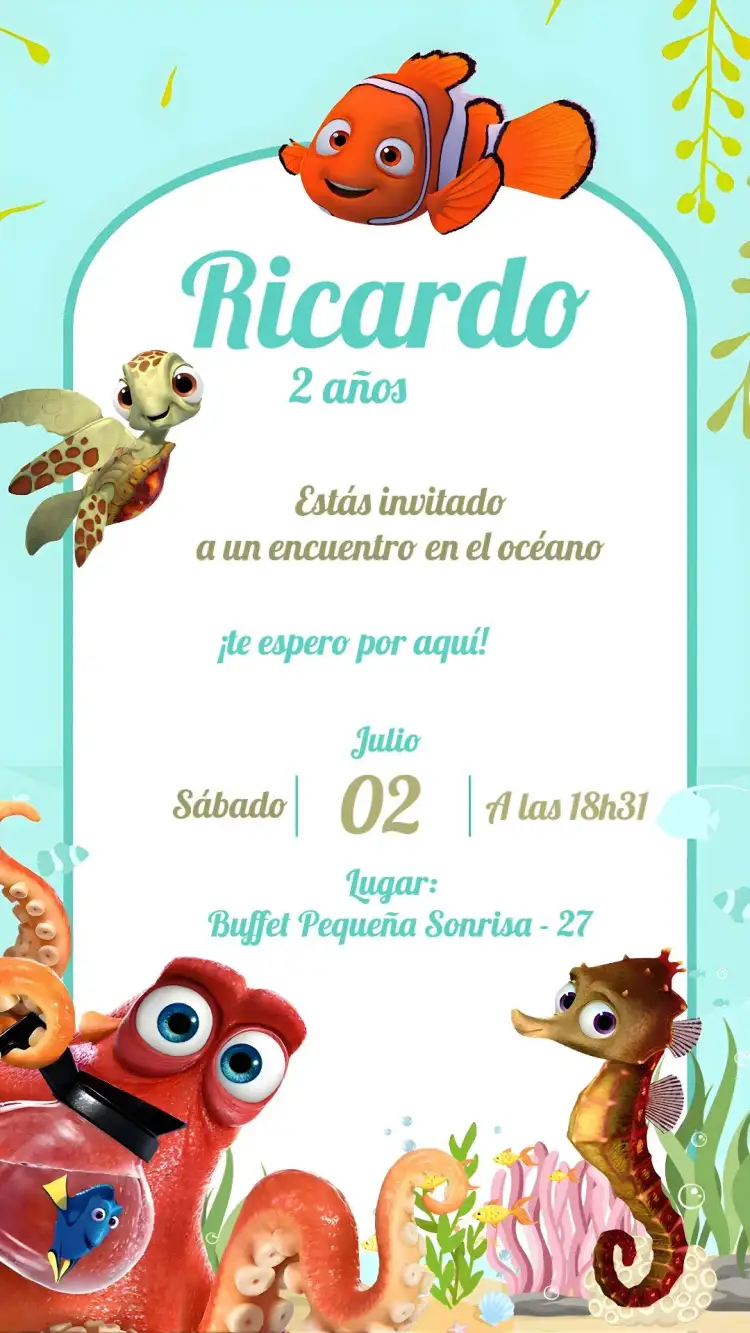 Invitación Buscando A Nemo – tema Cumpleaños Infantil colorido, marino, divertido, de dibujos animados, infantil, temático
