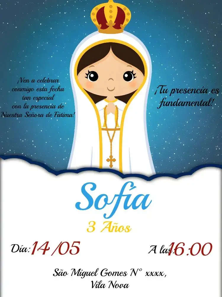 Invitación Nuestra Señora De Fátima Azul – tema Bautismo azul, blanco, rojo, amarillo, religioso, moderno