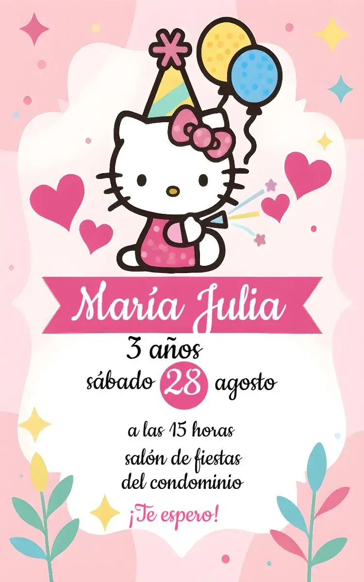 Invitación Hello Kitty Rosa – tema Más buscados rosa, lúdico, infantil, divertido, colorido, temático