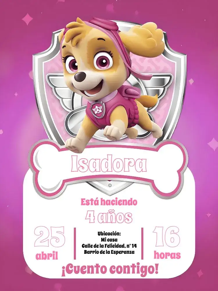 Invitación Patrulla Canina Skye Marshall – tema Cumpleaños Infantil colores vibrantes, estilo infantil, elementos de la Patrulla Canina, ilustraciones lúdicas, temática de perros, detalles en rosa