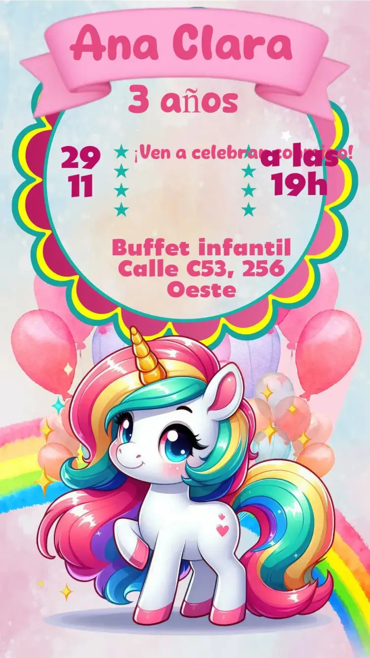 Invitación Unicornio – tema Cumpleaños Infantil colores pasteles, brillo y purpurina, elementos mágicos, estilo lúdico, ilustraciones adorables, inspirado en cuentos de hadas