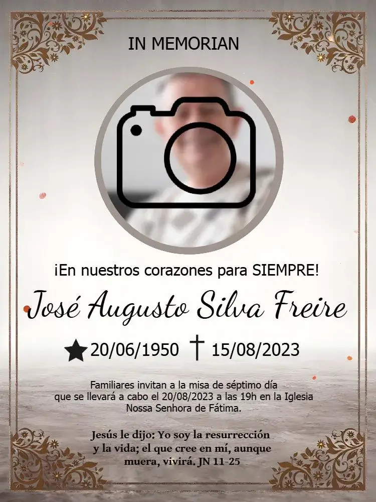 Invitación Misa De Séptimo Día Con Foto Gris – tema Fechas Conmemorativas sobrio, minimalista, elegante, moderno, gris y negro