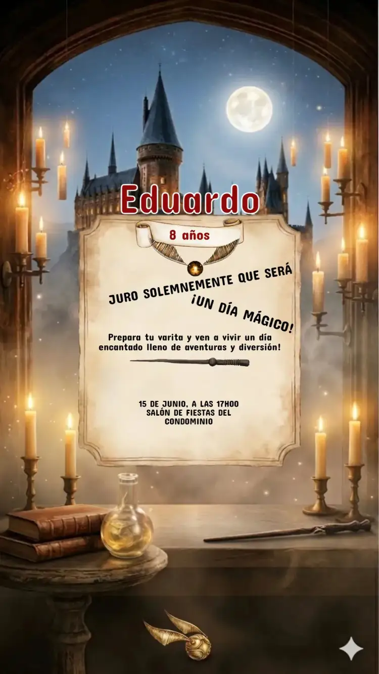 Invitación Invitación Cumpleaños Infantil Harry Potter – tema Cumpleaños Infantil mágico, brujo, fantasía, colorido, aventura, ilustraciones encantadoras