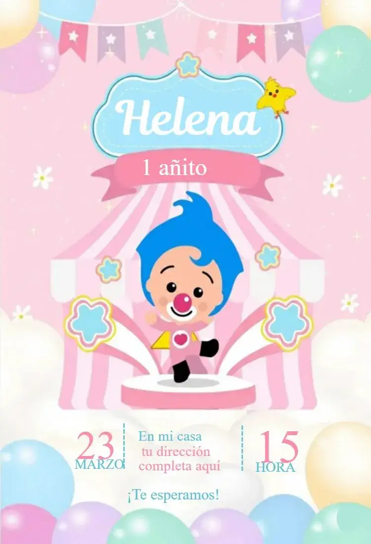 Invitación Plim Plim Niña 2 – tema Cumpleaños rosa, infantil, divertido, colorido, alegre, lúdico