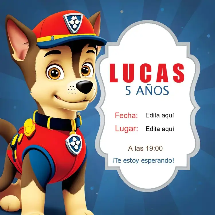 Invitación Patrulla Canina Infantil – tema Cumpleaños Infantil colores vibrantes, estilo divertido, elementos gráficos de la Patrulla Canina, ilustraciones coloridas, diseño animado, temática de aventura