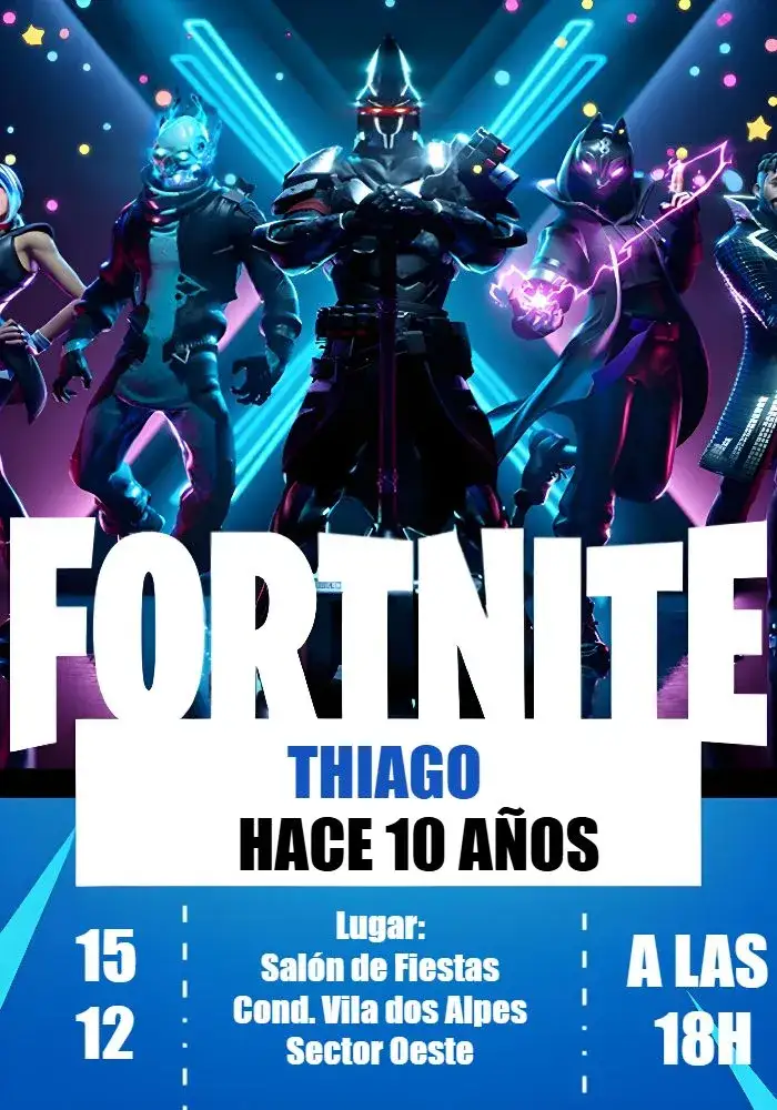 Invitación Fortnite Azul – tema Más buscados azul, moderno, juegos, temática gamer, divertido, colorido