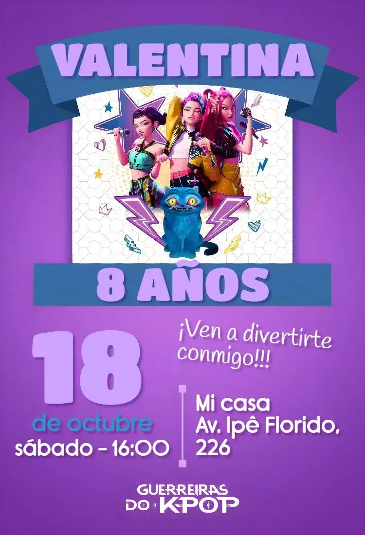 Invitación Guerreras del K-pop – tema Cumpleaños Infantil colores vibrantes, estilo moderno, elementos gráficos de K-pop, ilustraciones divertidas, diseño infantil, temas musicales