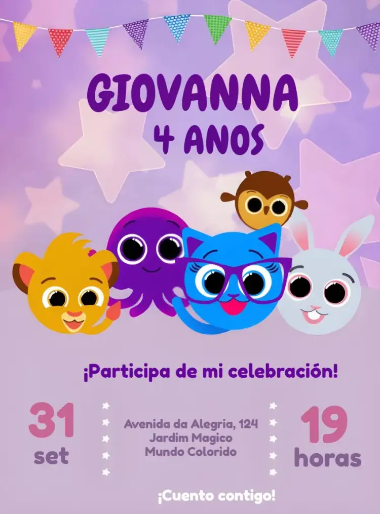 Invitación Bolofofos Morado – tema Más buscados morado, lila, infantil, divertido, colorido, temático