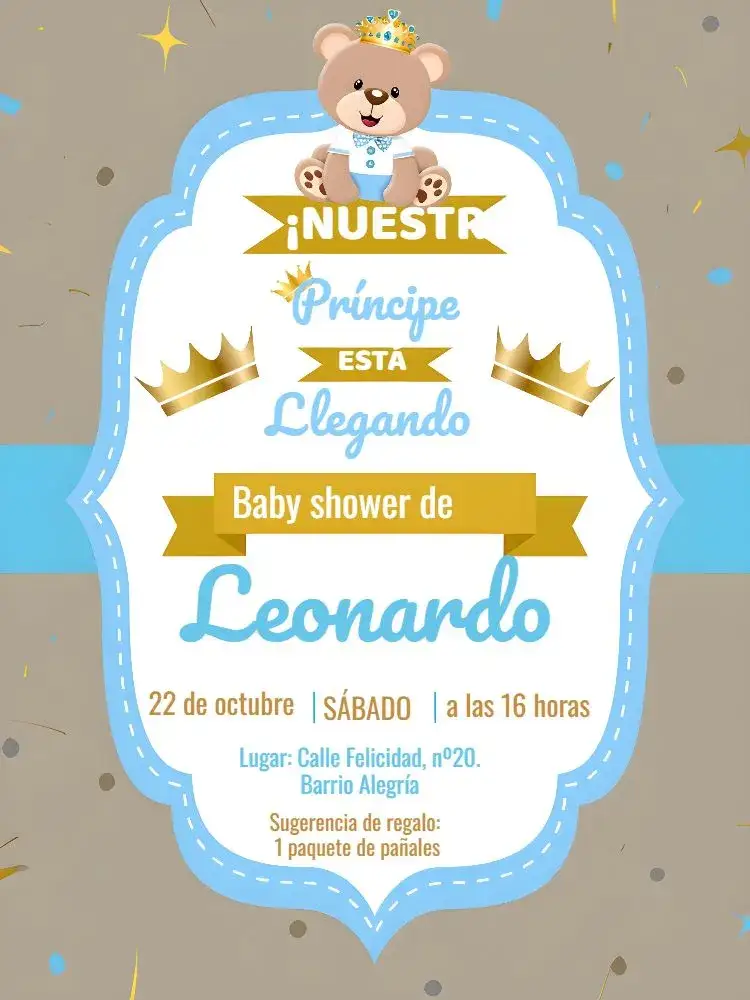 Invitación Baby Shower Príncipe Osito Príncipe – tema Baby Shower azul, dorado, blanco, realeza, osito, brillo