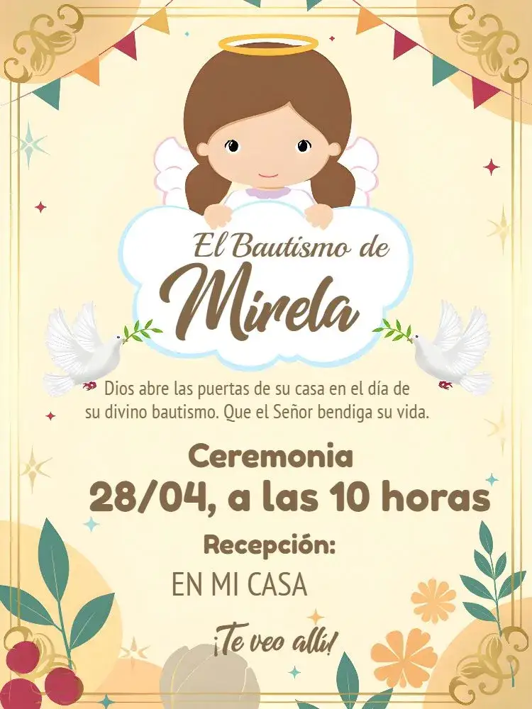 Invitación Presentación de Bautismo de la Angelita Católica – tema Primera Comunión delicado, religioso, pastel, infantil, floral, moderno