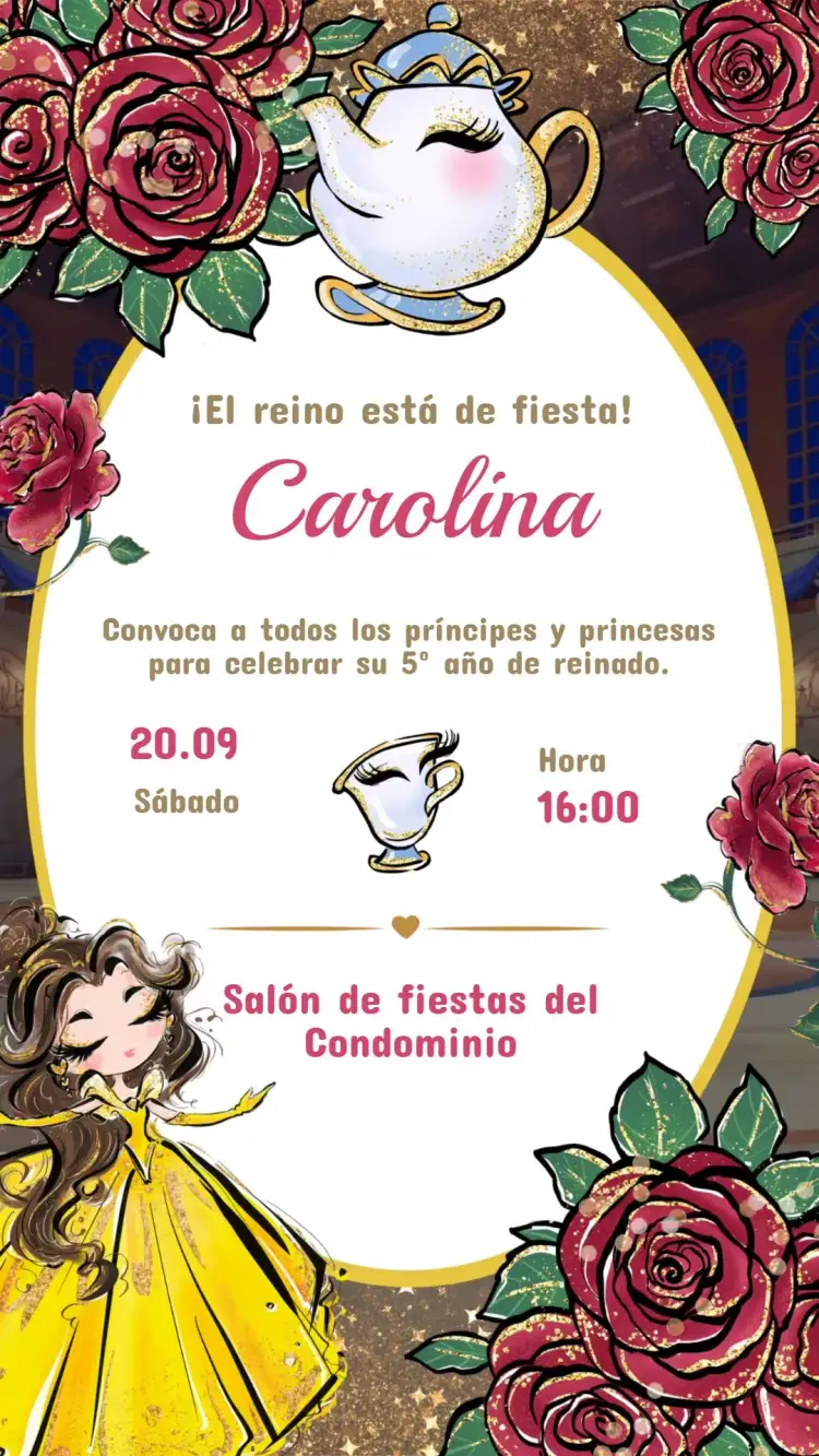 Invitación Invitación Cumpleaños Infantil La Bella y la Bestia – tema Cumpleaños Infantil tonos suaves, estilo encantador, ilustraciones de cuentos de hadas, detalles florales, atmósfera mágica