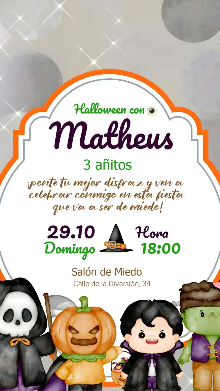 Invitación Halloween Cute – tema Fechas Conmemorativas acuarela, divertido, colorido, lúdico, fantasioso