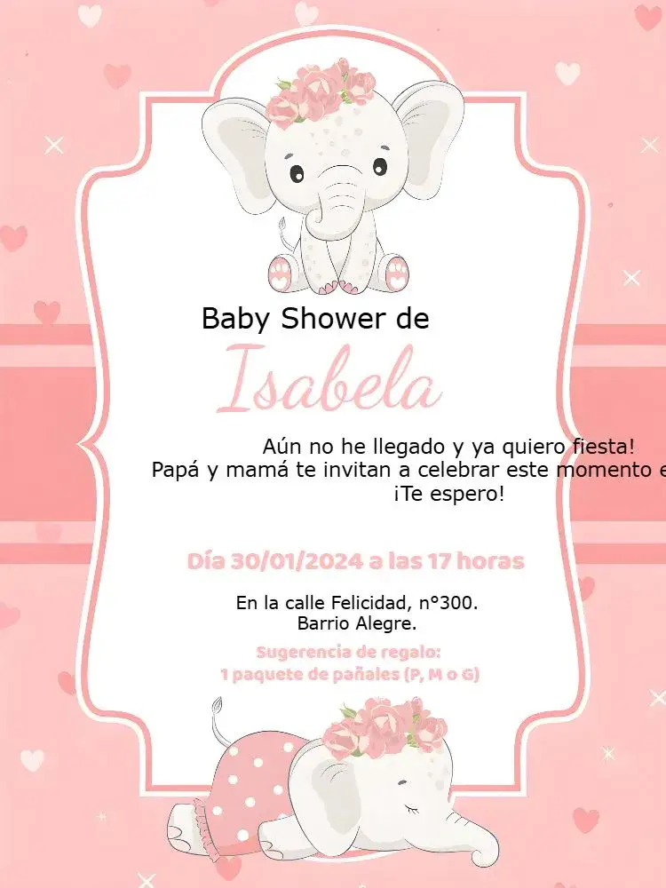 Invitación Baby Shower Elefantita Rosa Elefante – tema Baby Shower floral, suave, delicado, infantil, colorido