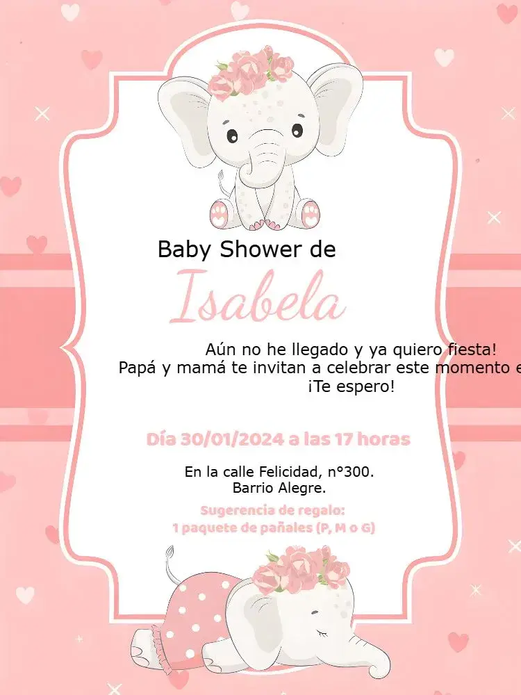 Invitación Baby Shower Elefantita Rosa Elefante