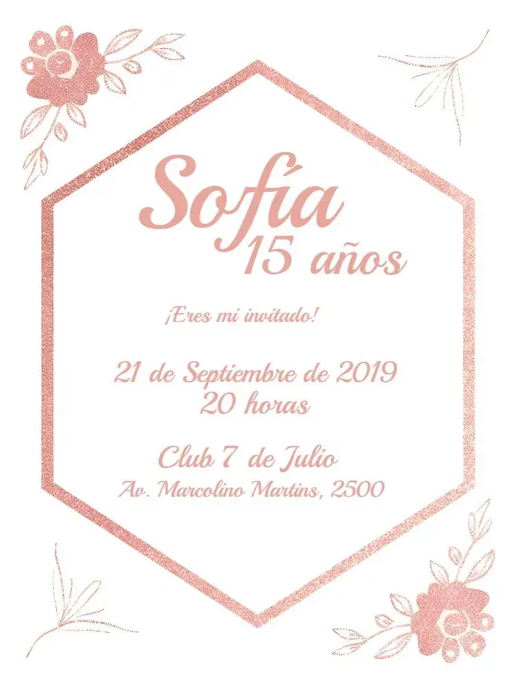 Invitación 15 Años Floral - Rosé y Glitter Gold